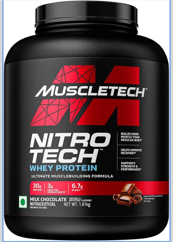 Muscle Tech Nitro-Tech Whey Protein, 1.81kg (4lbs), Milk Chocolate, 30g Protein, 3g creatine monohydrate, 6.7g BCAA, ultimate muscle building formula, increase strength & performance