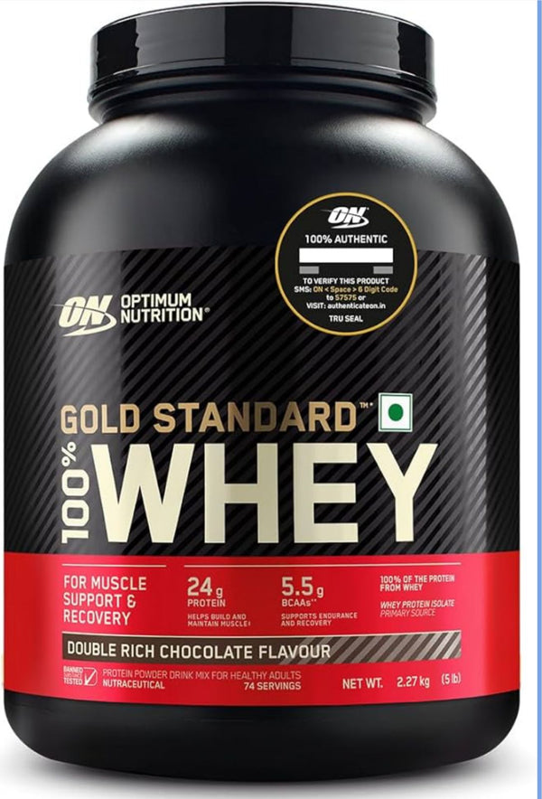 Optimum Nutrition (ON) Gold Standard 100% Whey Protein Powder 5 lbs, 2.27 kg (Double Rich Chocolate), for Muscle Support & Recovery, Vegetarian - Primary Source Whey Isolate